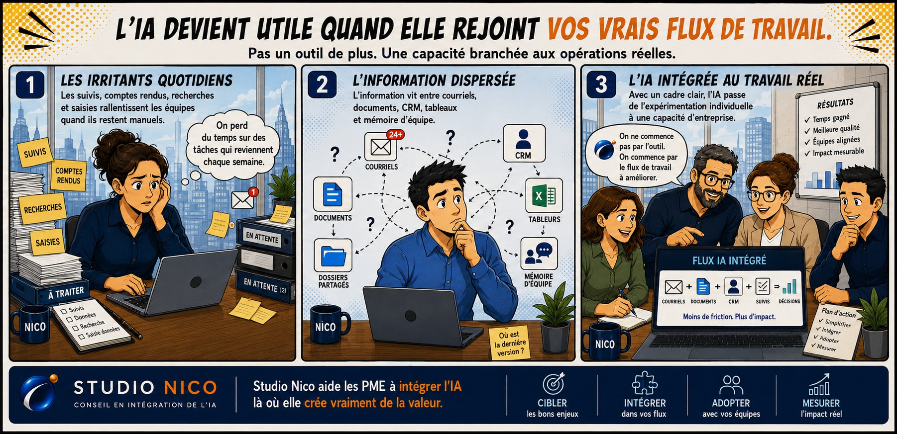 L'IA devient utile quand elle rejoint vos vrais flux de travail: irritants quotidiens, information dispersée et IA intégrée au travail réel.