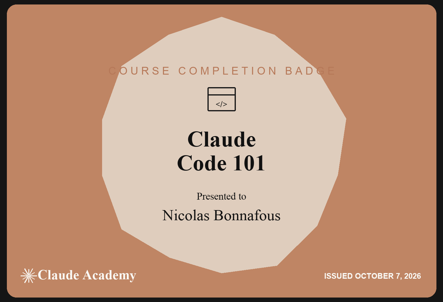 Badge de réussite Claude Code 101 présenté à Nicolas Bonnafous