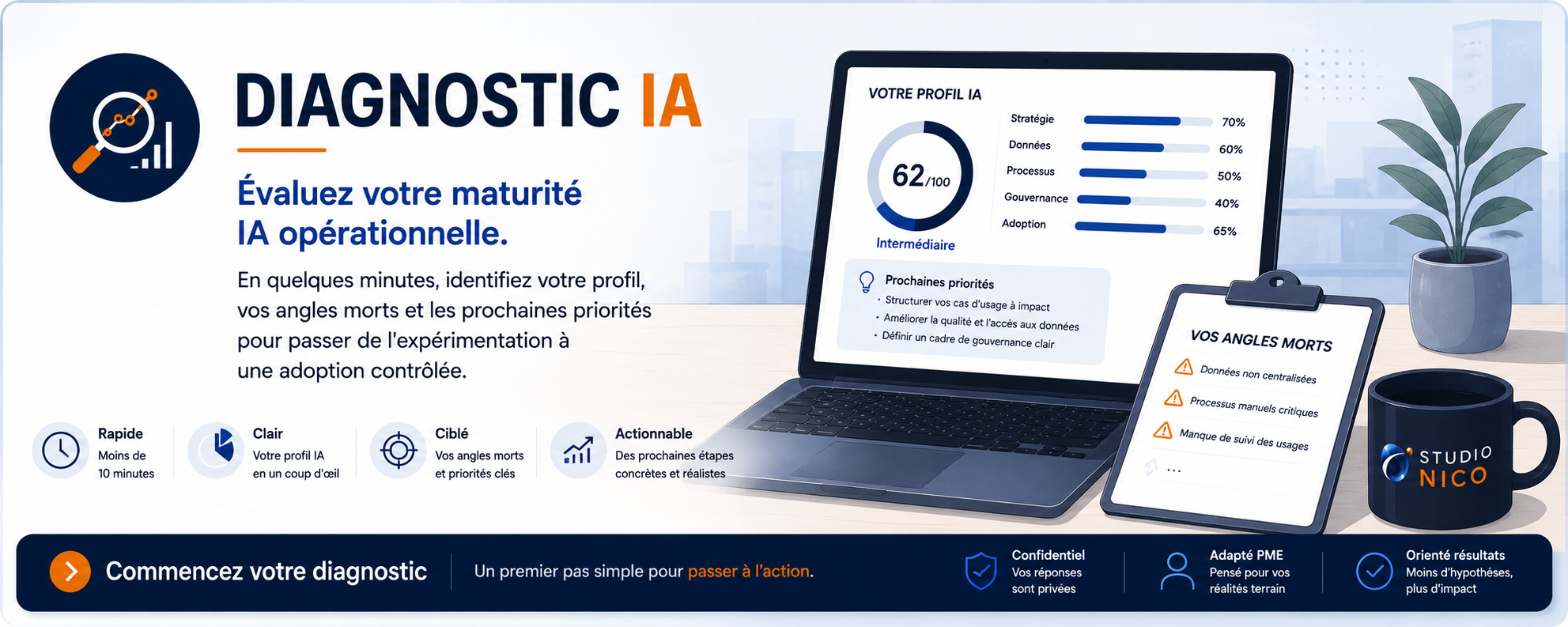Diagnostic IA: évaluez votre maturité IA opérationnelle et commencez votre diagnostic.